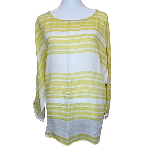 LOFT Tops - LOFT White‎ And Yellow Striped 100% Cotton Long Sleeve Blouse Size Medium
